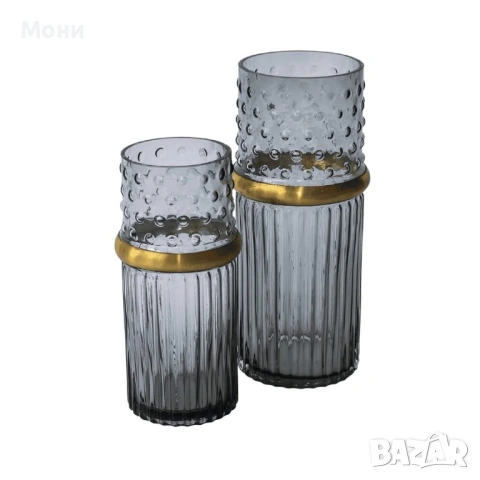 Дебелостенна стъклена ваза със златист елемент, 2 размера   Дебелостенна стъклена ваза със златист е