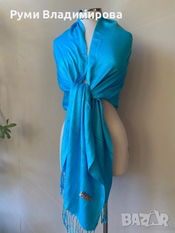 Тюркоазено син шал от коприна, пашмина, памук/ ралични видове, снимка 6 - Шалове - 47418018