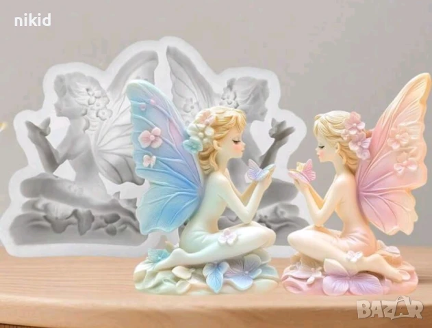 2 седнали момичета момиче ангел фея с пеперуда срещуположни силиконов молд форма фондан шоколад гипс