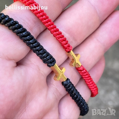 Мъжка Черна Плетена Гривна със Стоманен Кръст, снимка 2 - Гривни - 51579153