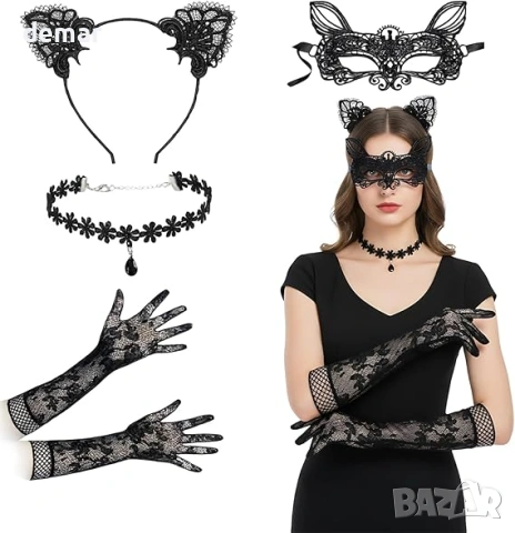 Костюм за котка от 4 части с ръкавици, комплект с котешки уши лента за глава, лента за врата и маска