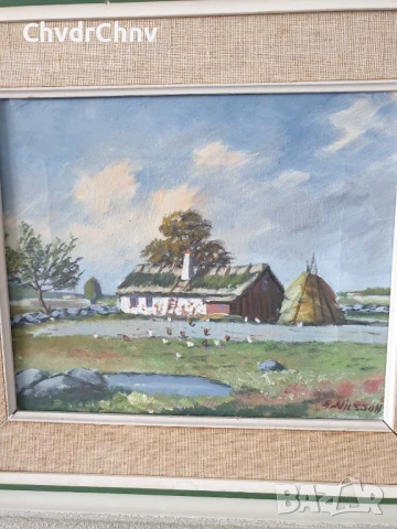 45х40см/малка картина масло върху платно/селски пейзаж/поляна-къща-кокошки/дървена рамка, снимка 2 - Картини - 50852847