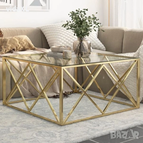 vidaXL Кафе маса, златиста, неръждаема стомана и закалено стъкло(SKU:349978), снимка 2 - Маси - 53307504