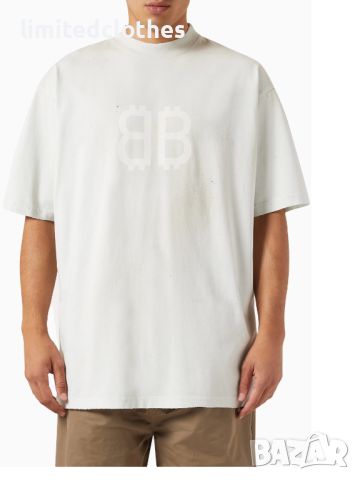 BALENCIAGA Dirty White Destroyed Crypto BB Logo Print Oversized Мъжка / Дамска Тениска size L (XL), снимка 4 - Тениски - 46030159