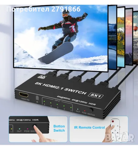 HDMI превключвател 4K 120Hz 8K 60Hz, 5 In 1 Out HDMI Splitter Switch with IR Remote, 5 Port HDMI 2.1, снимка 7 - Плейъри, домашно кино, прожектори - 48285402