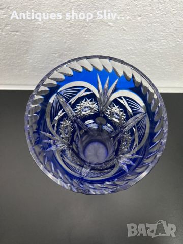 Бохемска кристална кобалтово / синя ваза. №5394, снимка 6 - Антикварни и старинни предмети - 45761499