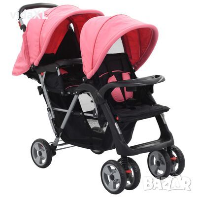 vidaXL Тандемна количка, розово и черно, стомана（SKU:10157, снимка 1 - Детски колички - 45524409