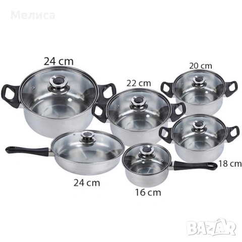 Комплект готварски съдове от инокс 12 части: 5 тенджери, тиган и стъклени капаци (16-24 см)