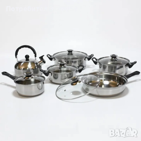 Комплект от 12 части за всяка кухня. 3бр тенджери, тиган, касерола и чайник и капаци