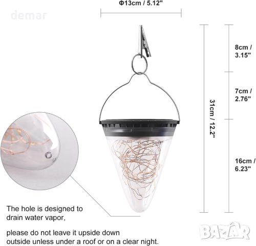 DAWALIGHT Външни висящи соларни лампи, 50 LED нишки, 3000K топло бяло, 3 режима, 2 броя IP55, снимка 3 - Соларни лампи - 45983206