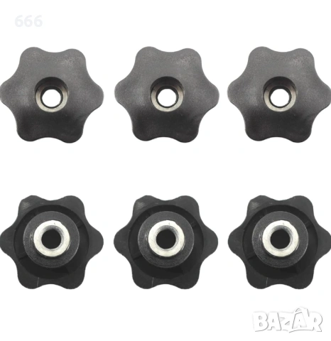 6 бр. M10 Звездовидна ръчна дръжка с женска резба, ръчно затягане, черна 48 мм