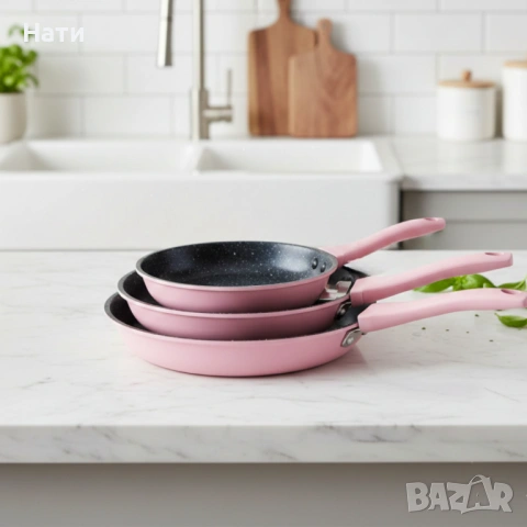 НОВ Комплект тигани Cheffinger розово с мраморно покритие – 3 части за всяка кухня - розов цвят, снимка 3 - Съдове за готвене - 53718438