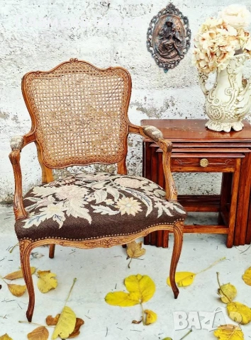 кресло в стил Луи 15 с гобленова тапицерия и ратанов гръб , снимка 6 - Столове - 53165521