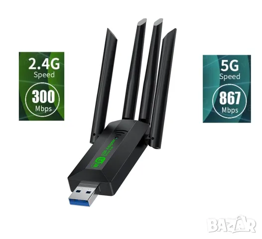 1200Mbps WiFi USB 3.0 безжичен адаптер двучестотен 2.4G+5Ghz 802.11AC интернет за компютър лаптоп, снимка 1 - Кабели и адаптери - 47075048