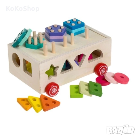 Дървена количка сортер-21.5x13.5x13 см./сортер, снимка 2 - Образователни игри - 52380606