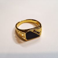 Уникален позлатен пръстен с черен камък и цирконий, снимка 1 - Пръстени - 45449531