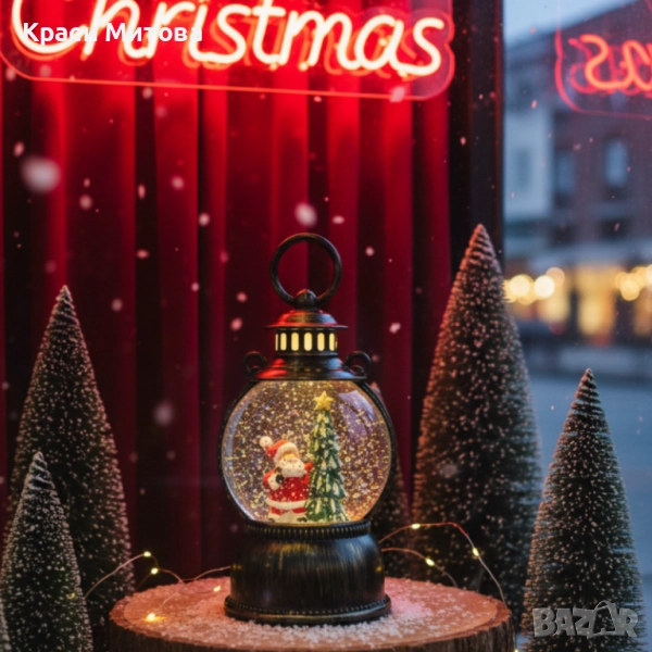 Голям LED коледен фенер с ефект на падащ сняг – приказна светлина и празнична магия, снимка 1