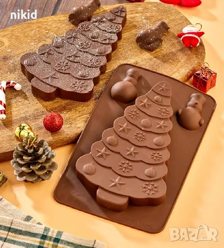 Плочка Коледна елха шоколадов блок Дубайски шоколад дълбок силиконов молд форма гипс, снимка 1