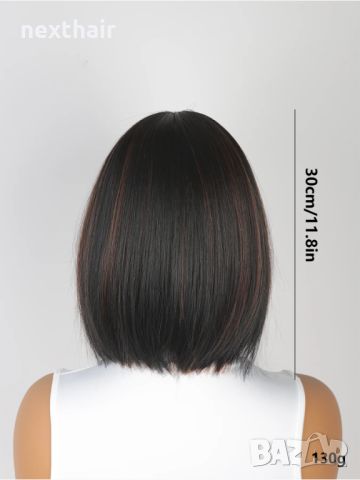 Черна къса боб перука с кичури и бретон, снимка 4 - Аксесоари за коса - 46303022