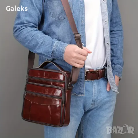 Изискана мъжка бутикова чанта за през рамо /Черна и кафява естествена кожа!, снимка 5 - Чанти - 50024605