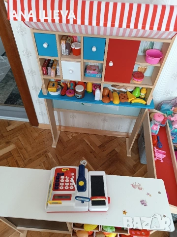 Дървен детски магазин/щанд за игра+аксесоари 