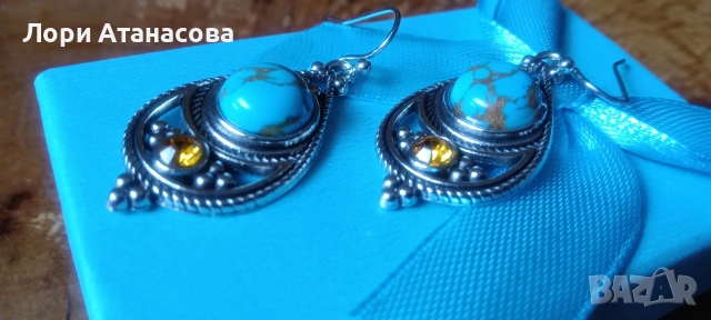 Бохемски обеци с висулка в ретро стил -синтетични тюркоазови инкрустации,никел, снимка 3 - Обеци - 54003654