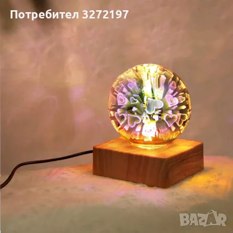 3D USB LED Нощна Лампа (любовно сърце),с дървена основаи превключвател на кабела  , снимка 5 - Настолни лампи - 48731142