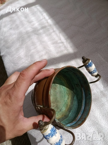 медна кашпа Медна кашпа с порцеланови дръжки., снимка 7 - Антикварни и старинни предмети - 53922285