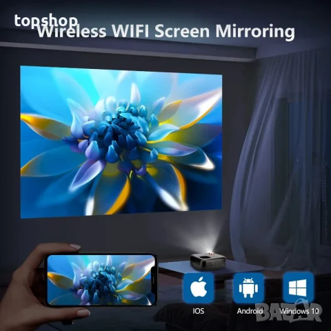 НОВ проектор VGKE T82, Android, 18000 лумена, Full HD 1080P, WiFi Bluetooth проектор със сензорен..., снимка 4 - Плейъри, домашно кино, прожектори - 50493213