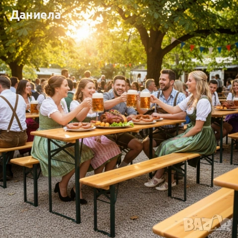 Сгъваем комплект градинска маса с 2 пейки - От чамово дърво, с отвор за чадър, снимка 4 - Градински мебели, декорация  - 53566615