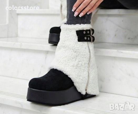 Боти на платформа - бяло с черно велур - BPK55

