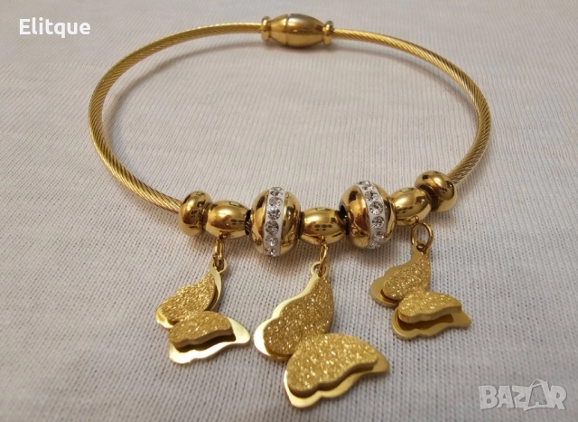 Елегантна дамска твърда гривна от медицинска стомана с бляскави пеперуди и камъни цирконии, снимка 4 - Гривни - 52895185