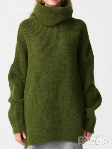 Пуловер с голяма яка, бял, зелен, снимка 2 - Блузи с дълъг ръкав и пуловери - 52566337
