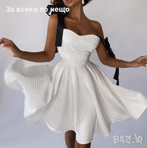 Дамска Бяла Къса Кокетна Рокля Със Сатенени Панделки Points Код Верона35, снимка 3 - Рокли - 54003642