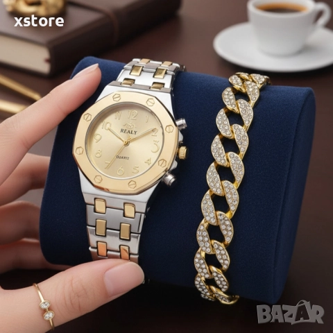 Модерен унисекс часовник със златист циферблат и блестяща гривна, снимка 5 - Мъжки - 52791004