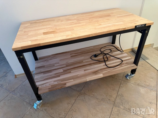 Работна маса, Vevor, дърво, 900 кг, правоъгълна, с колела, 121x60 см, кафява и допълнителен плот USB