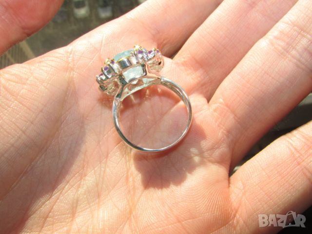 Сребърен пръстен с аквамарин 7карата, 15x12мм, 7.9гр., снимка 4 - Пръстени - 45447523