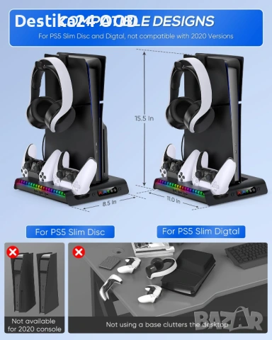 Зарядна стойка с охлаждащ вентилатор и RGB за PS5 Slim, снимка 4 - Друга електроника - 53465180