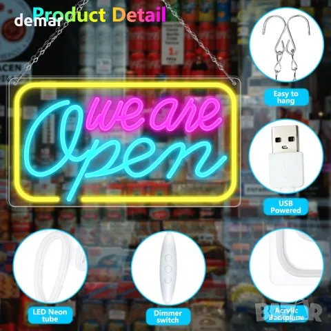 LED неонов надпис We Are Open, 42x23 см, USB захранване, (розово&синьо&жълто), снимка 3 - Лед осветление - 47512364