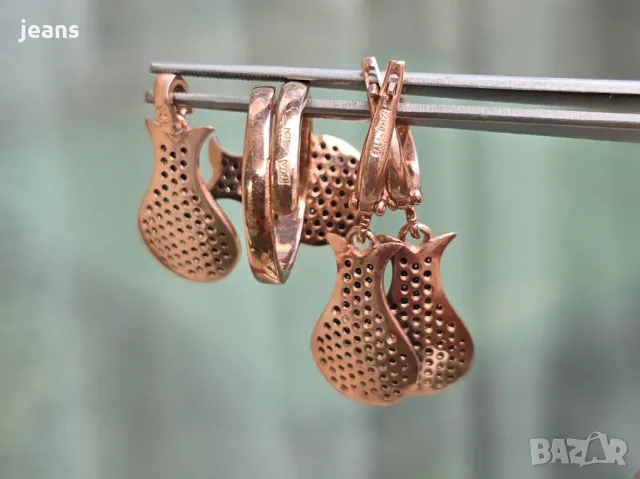 Сребърен комплект пръстен, обеци и висулка с розово покритие 17587, снимка 3 - Бижутерийни комплекти - 50326120