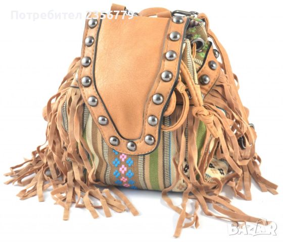 Дамска чанта тип раничка декорирана с ресни в кафяв цвят, снимка 2 - Чанти - 45651543