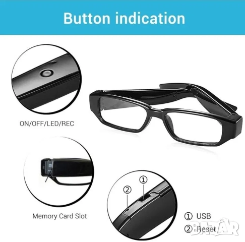 Скрита камера в очила, шпионска мини камера с висока резолюция, видео, снимка 6 - HD камери - 52165121