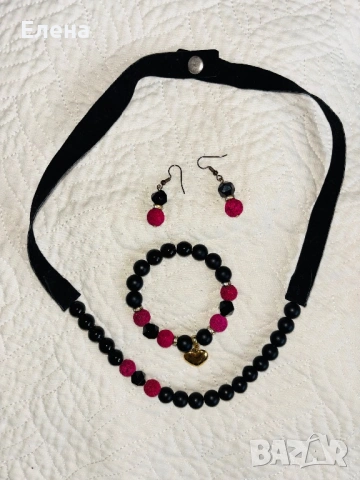 Комплект от оникс и лава в цикламено, снимка 2 - Бижутерийни комплекти - 54087612
