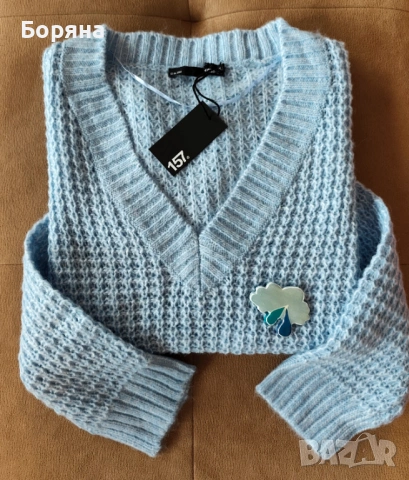 Нов син пуловер бранд 157 LEGER с брошка облак дъжд, снимка 10 - Блузи с дълъг ръкав и пуловери - 53501596