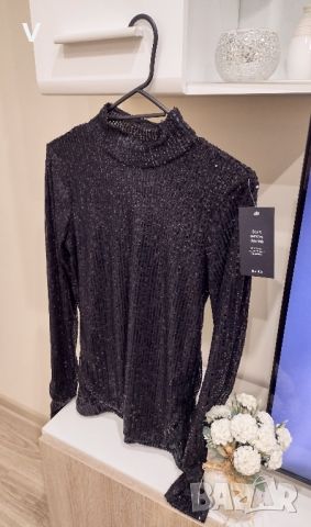 ЛОТ 5 дамски черни топа черна блуза с мрежа риза с пайети потник кроп топ с гол гръб Amisu , снимка 4 - Корсети, бюстиета, топове - 45538526
