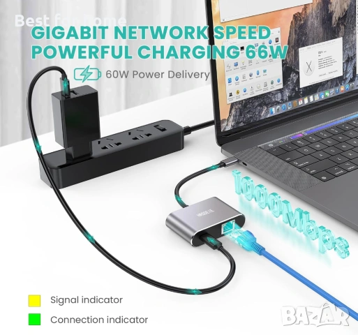 USB-C към Ethernet адаптер, USB Type-C (Thunderbolt 3) към RJ45 мрежов порт , снимка 2 - Кабели и адаптери - 53726495