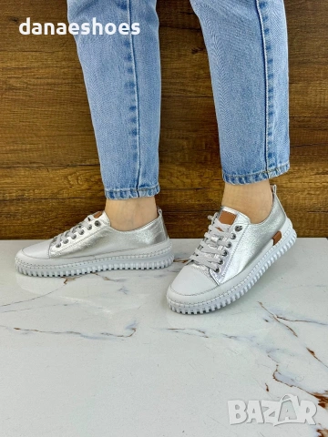 Дамски кецове от естествена кожа в сребристо , снимка 6 - Дамски ежедневни обувки - 53890481