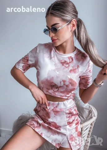 Дамски летен комплект от две части с цветен десен, блуза + пола къси панталони, 2цвята , снимка 7 - Комплекти - 50597677