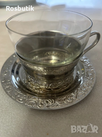Съветски сервиз с подстакани за чай/кафе  6 чаши и 6 чинии 