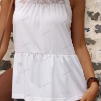Бяла дамска едноцветна риза без ръкави с изрязани детайли с обло деколте, снимка 7 - Ризи - 44990614